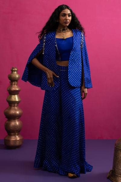 Electric blue bandhani cape blazer set