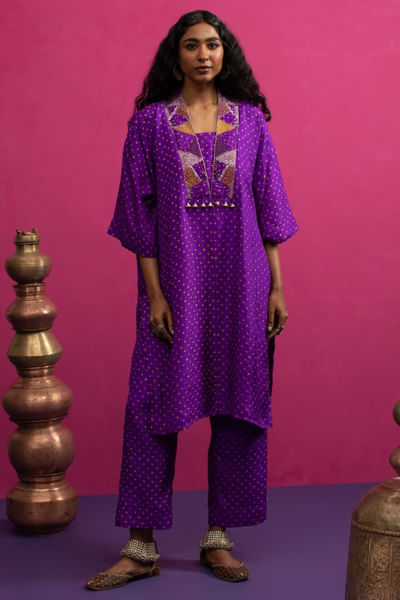 Purple hand embroidered bandhani kurta set