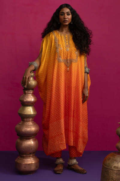 Pink City by Sarika Yellow orange ombre bandhani kaftan set PINAUG25D135447