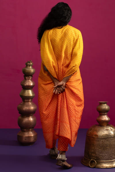 Pink City by Sarika Yellow orange ombre bandhani kaftan set PINAUG25D135447