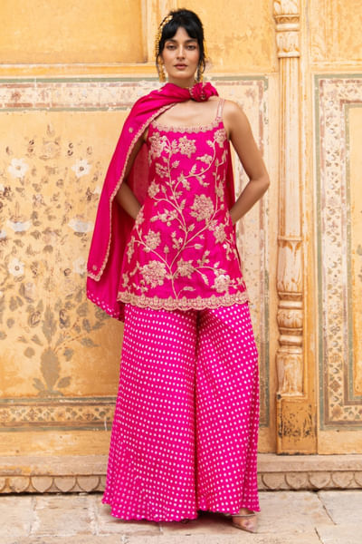 Rani floral zardozi kurta and sharara set