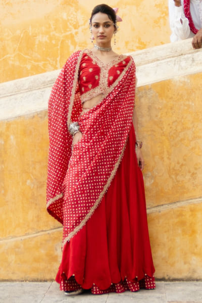 Red marodi and bandhani lehenga sari set