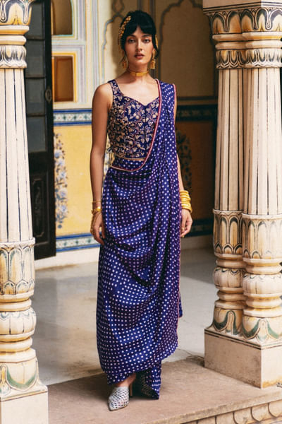 Purple embroidered corset and draped sari set