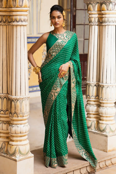 Pink City by Sarika Green peacock embroidered bandhani sari set PINOCT25D135441