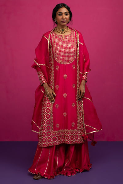 Pink lotus embroidered kurta and sharara set
