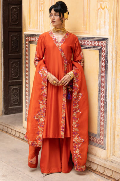 Pink City by Sarika Rust orange embroidered angrakha-sharara set PINOCT25D135443