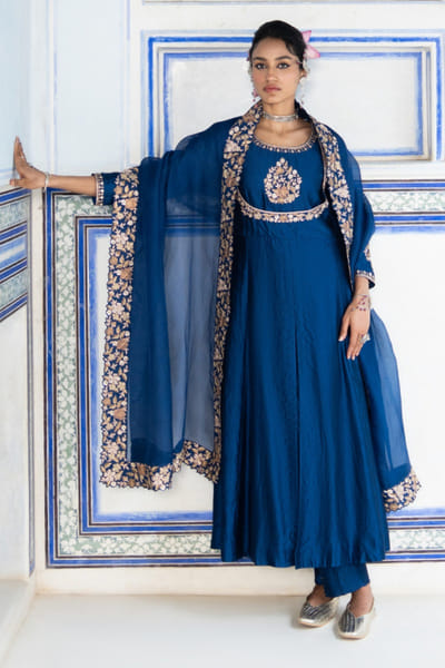 Pink City by Sarika Blue floral embroidered Mughal anarkali set PINOCT25D135445