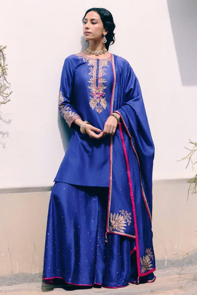 Pink City by Sarika Blue peacock embroidered kurta sharara set PINKJUN26D146333
