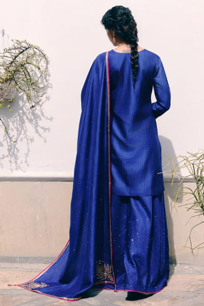 Pink City by Sarika Blue peacock embroidered kurta sharara set PINKJUN26D146333