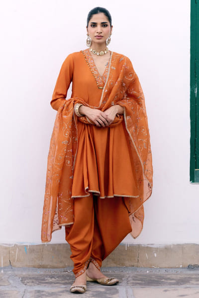Pink City by Sarika Orange jaal embroidered kurta dhoti set PINKJUN26D146335