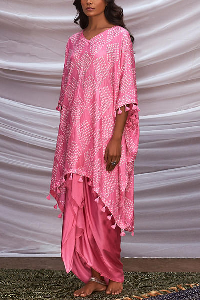 Pink bandhani kaftan and skirt