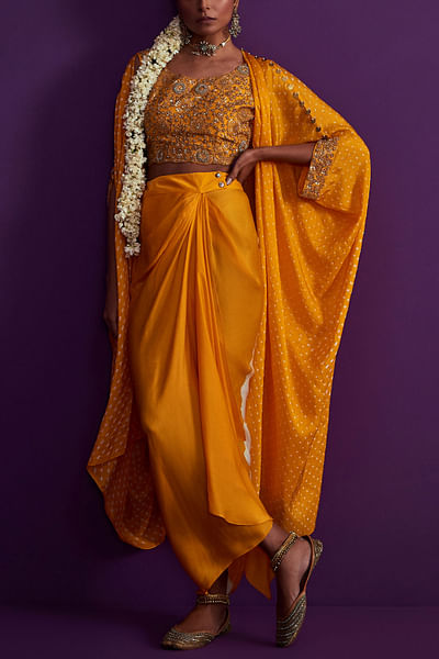 Saffron bandhani cape and skirt set
