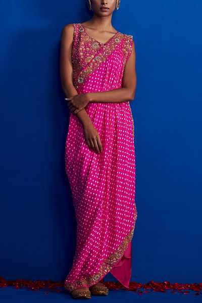 Hot pink draped sari set