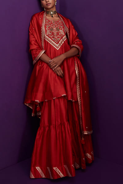 Pink City by Sarika Red embroidered kurta and sharara set PCSAUG2215