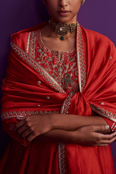 Pink City by Sarika Red embroidered kurta and sharara set PCSAUG2215