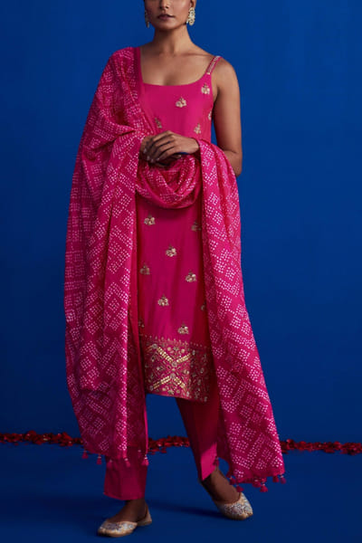 Hot pink embroidered kurta set