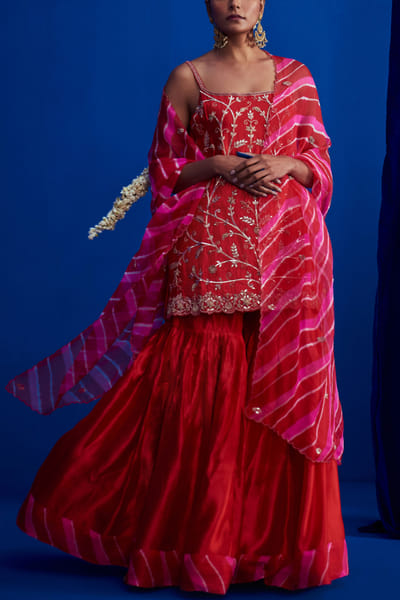 Pink City by Sarika Red embroidered kurta and sharara set PCSAUG2224
