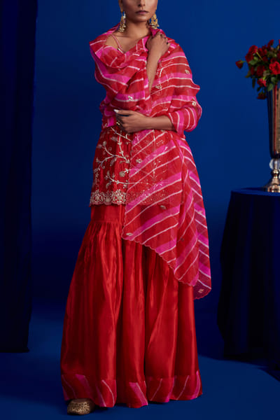 Pink City by Sarika Red embroidered kurta and sharara set PCSAUG2224