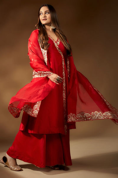 Red paisley angarkha and sharara set
