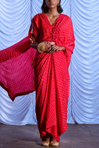 Pink City by Sarika Red leheriya concept sari set PCSJULY2205