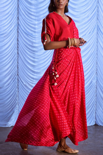 Pink City by Sarika Red leheriya concept sari set PCSJULY2205