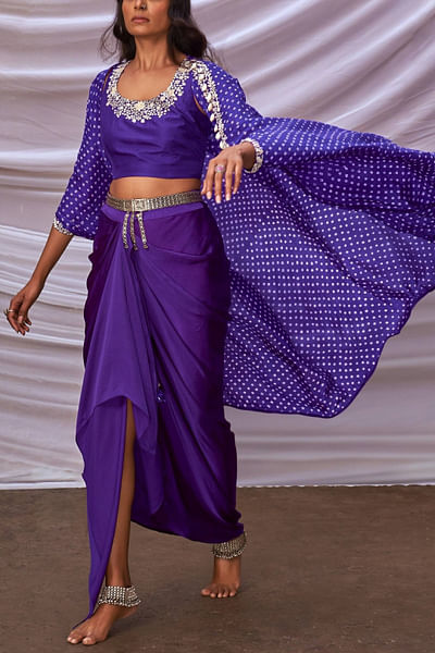 Purple bandhani cape and skirt set