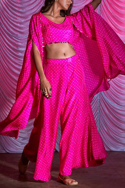 Pink bandhani sharara and cape set