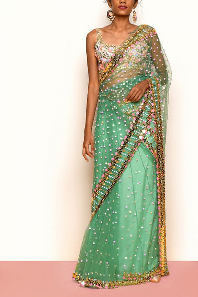 Forest green 3D detail pre-stitched saree set