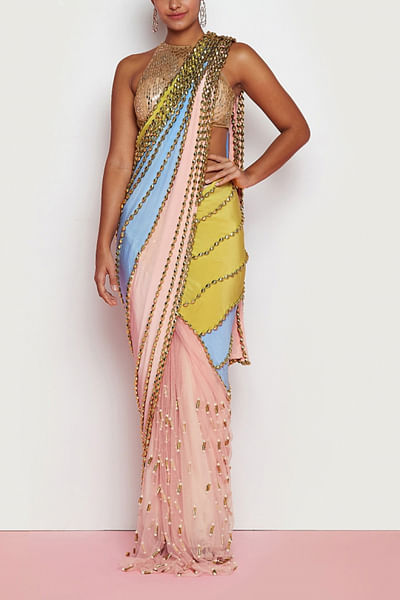 Multicolour 3D detail pre-stitched saree set