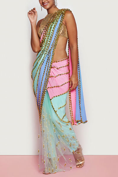 Multicolour 3D detail half and half saree set