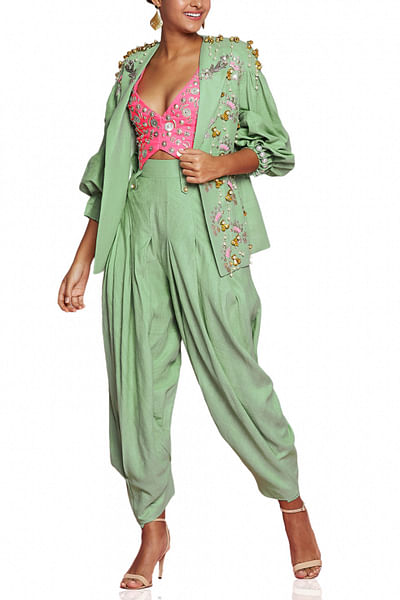 Sea green and pink embellished pantsuit