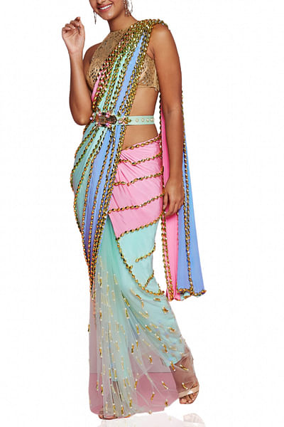 Multicoloured embellished pant sari
