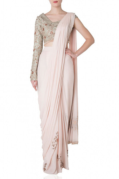 Peach sari with off shoulder blouse