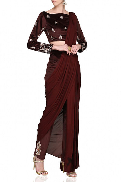 Wine embroidered pant sari