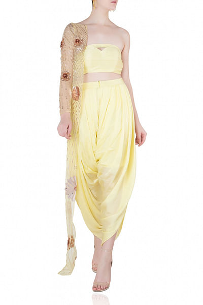 Yellow bustier and dhoti pants with jacket