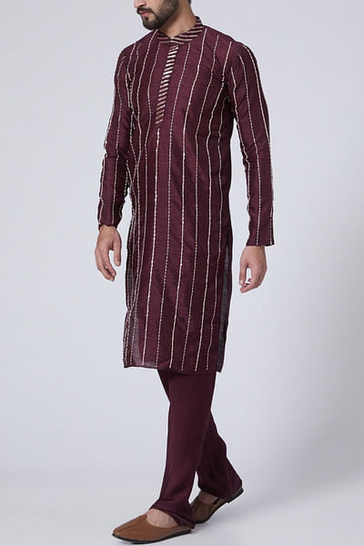 Wine embroidered kurta set