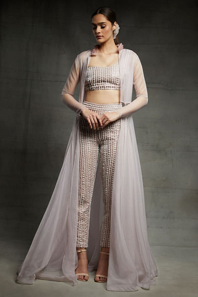 Blush pink jacket, bustier & pant set