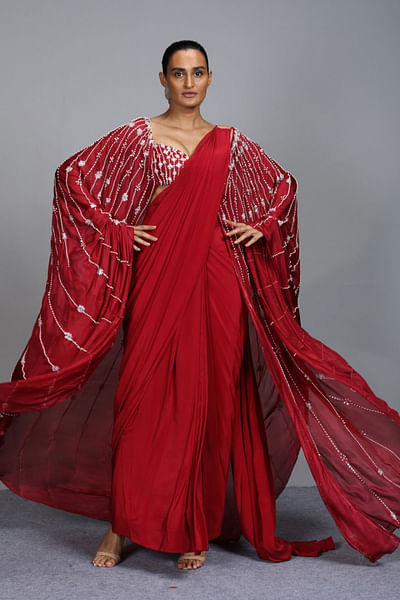 Crimson embroidered draped sari & cape