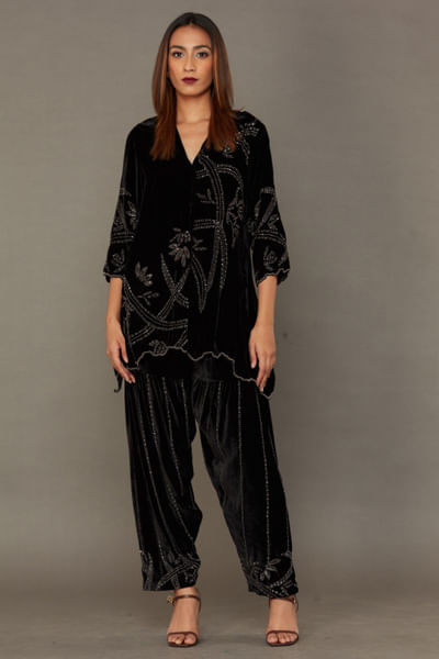 Black and silver beaded velvet pants