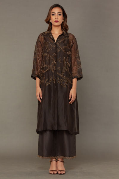 Brown gold embroidered jacket and inner