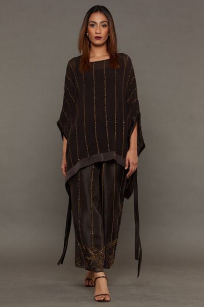 Brown and gold bead embroidered pants