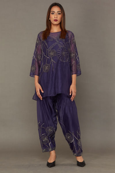 Purple and silver beaded kurta and inner