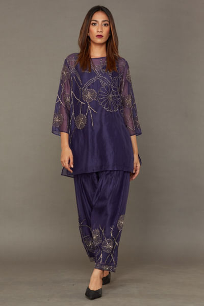 Purple and silver beaded silk organza pants