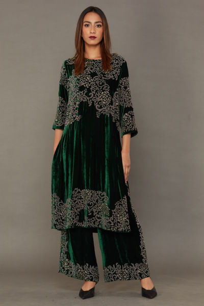 Emerald and silver beaded velvet kurta