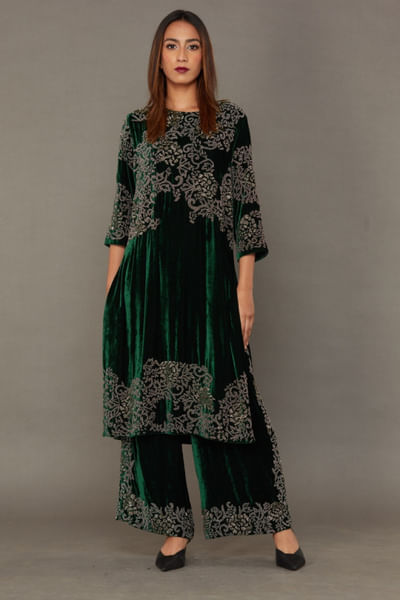 Emerald and silver beaded velvet pants