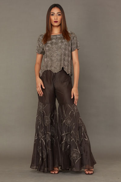 Silver bead embroidered top