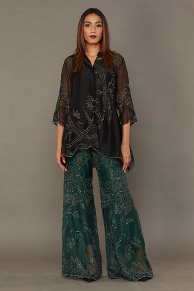 Emerald and silver beaded pants