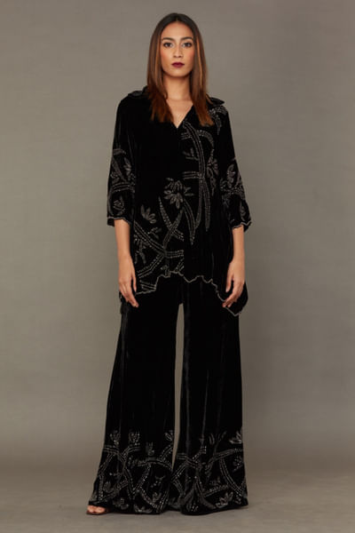 Black and silver bead embroidered velvet pants