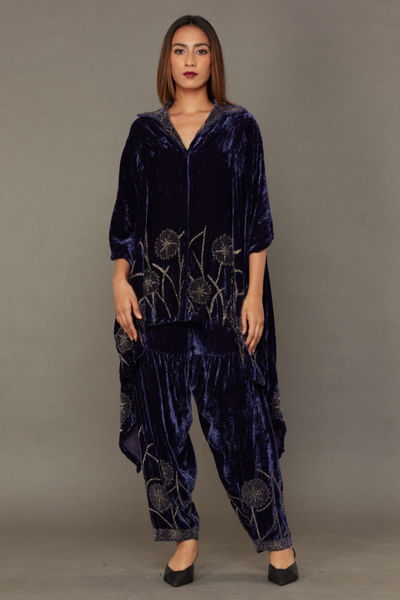 Purple and silver beaded velvet kurta