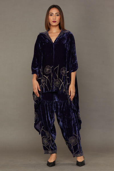 Purple and silver beaded velvet pants